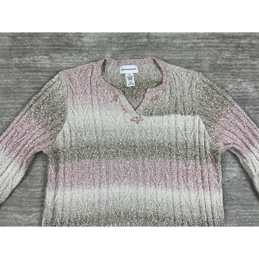 Alfred Dunner Sweater Women M Pink Ombre Cable Knit Beaded Split Neck 3/4 Sleeve